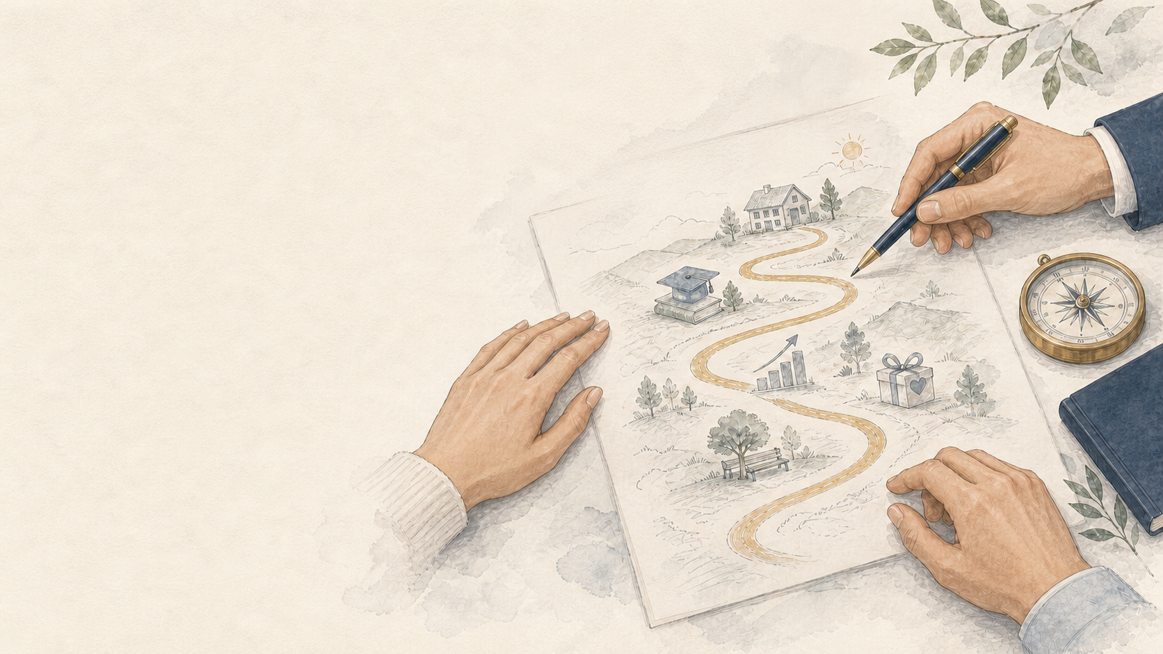 Hand-drawn hands-only financial planning meeting around a map connecting home, education, growth, giving, and retirement